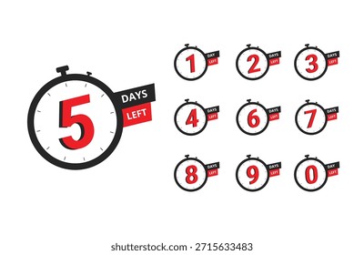 Temporizadores de contagem regressiva mostrando números de 0 a 9 com dias restantes.