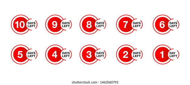 Counter from 10 to 1 days left time remaining - promo sticker set for shop opening, sale or offer validity - isolated vector icons collection