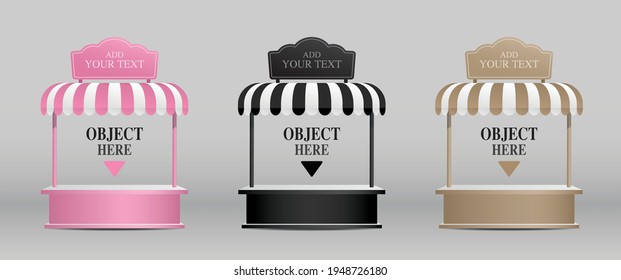 Counter with awning and cute vintage signage 3d illustration vector collection for putting your object.