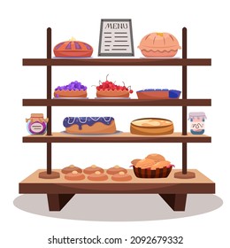 Counter with bakery. Cartoon rack with pies, cakes, buns and jams on white background vector