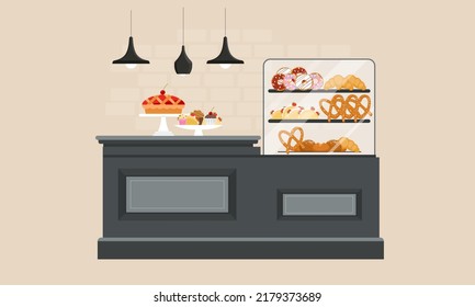 Counter in a bakery or pastry store. Confectionery interior. Variety of pastry, cupcake, cherry pie, strawberry pastry, pretzel, donut. Flat vector illustration isolated on white background