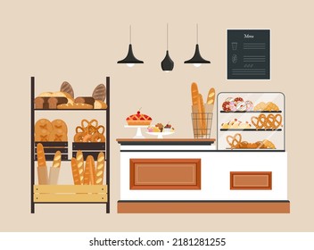 Contador en una panadería con artículos de pastelería y soporte para pan. Baguette francesa, ciabatta, croissant, bagel, pretzel. Ilustración vectorial plana aislada en fondo blanco, interior de tienda