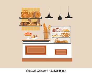 Counter in a bakery store. Variety of bread, french baguette on the shelves, croissant, bagel, pretzel, pastry in showcase, confectionery. Flat vector illustration isolated on white background.