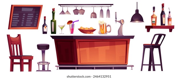 Counter bar and table for pub interior cartoon. Restaurant stage with alcohol cocktail, snack food and craft beer drink. Wooden desk with pump to order icons. Menu board and shelf furniture isolated