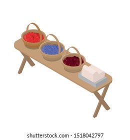 The counter with baskets of berries - cherry, blueberry, strawberry. Agricultural market. Isometric style. Vector illustration.