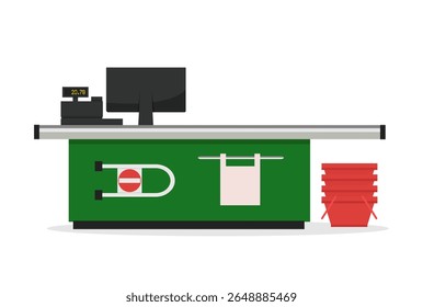 Counter with cash register isolated on white background. Checkout counter concept. Vector stock