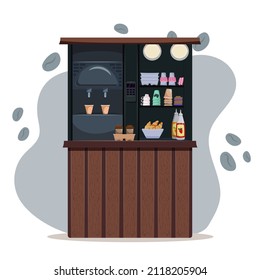 Counter with coffee machine. Different cups for take-out coffee, croissants, different toppings. Vector illustration