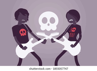 Counter Culture Young People With Guitars, Emotional And Creative Emo Music. Teen Boy, Girl Playing Electroguitars, Subculture Fashion And Behavior, Skull Symbol. Vector Creative Stylized Illustration