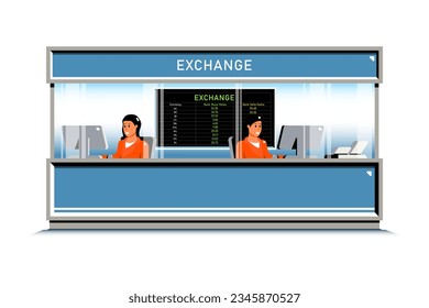 Counter currency exchange service with female employee on isolated background, Digital marketing illustration.