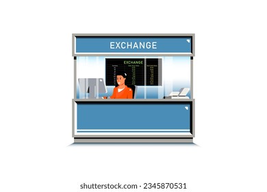 Counter currency exchange service with female employee on isolated background, Digital marketing illustration.