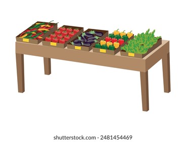 Counter with different vegetables in boxes. Growing and selling vegetables. Organic gardening and food. Vegetarianism and healthy eating. Vector illustration isolated on white background.