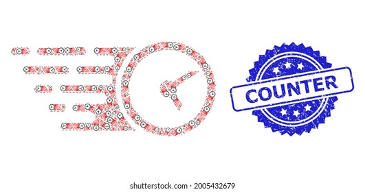 Counter dirty seal imitation and vector recursion mosaic clock. Blue stamp seal has Counter title inside rosette. Vector mosaic is done from repeating rotated clock items.