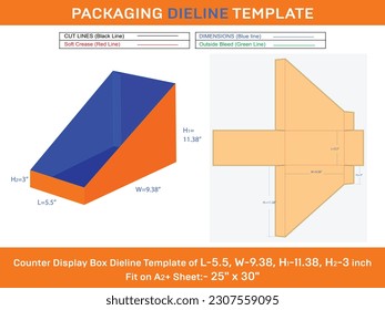 Counter Display Box Delline Template for Cardboard L 5.5xW 9.38xH1 11.38xH2 3 inche