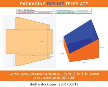Counter display box dieline template for cosmetics L 10xW 12xH1 5xH2 2 inch svg