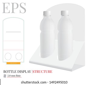 Counter Display Template, Vector With Die Cut / Laser Cut Layers. Counter Stand, Header Shelf Box. White, Clear, Blank, Isolated Bottle Display Mock Up On White Background With Perspective View