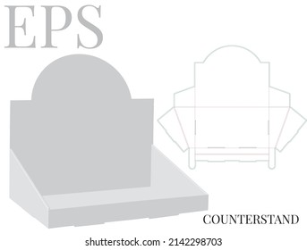 Counter display template, vector with die cut, laser cut layers. Counter stand, header shelf box. White, clear, blank, isolated Counter display mock up on white background with perspective view