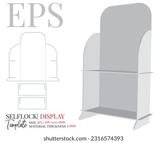 Counter display template, vector with die cut, laser cut layers. Counter stand, header shelf box. White, clear, blank, isolated Counter display mock up on white background with perspective view