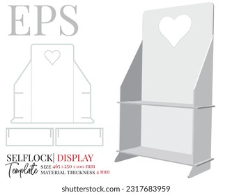 Counter display template, vector with die cut, laser cut layers. Counter stand, header shelf box. White, clear, blank, isolated Counter display mock up on white background with perspective view