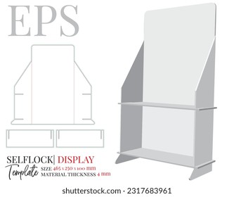 Counter display template, vector with die cut, laser cut layers. Counter stand, header shelf box. White, clear, blank, isolated Counter display mock up on white background with perspective view