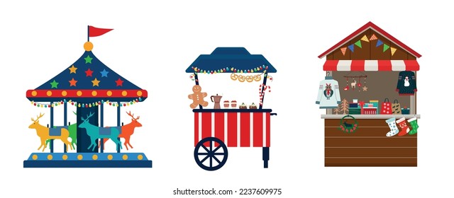 A counter with drinks, a carousel, a tray, a kiosk with souvenirs for the Christmas market. Vector illustration.