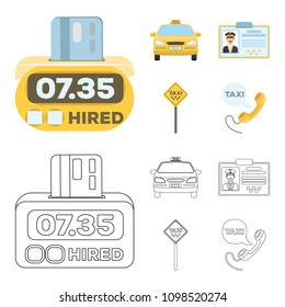 The counter of the fare in the taxi, the taxi car, the driver badge, the parking lot of the car. Taxi set collection icons in cartoon,outline style vector symbol stock illustration web.