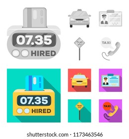 The counter of the fare in the taxi, the taxi car, the driver s badge, the parking lot of the car. Taxi set collection icons in monochrome,flat style vector symbol stock illustration web.