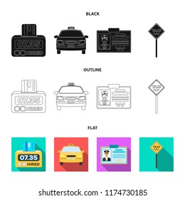 The counter of the fare in the taxi, the taxi car, the driver's badge, the parking lot of the car. Taxi set collection icons in cartoon style vector symbol stock illustration web.