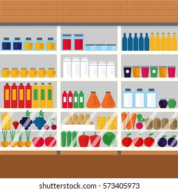 Counter With Food In Magazine. Supermarket Interior Design. Market Vector Flat Illustration. Set With Bottles, Vegetables And Fruits. Grocery Purchase Collection. Shelf With Products For Buying.