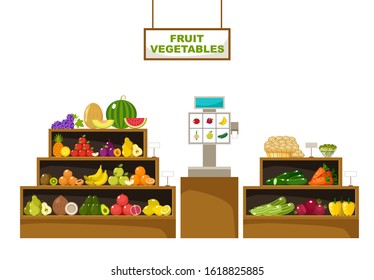 Counter with fruits. Supermarket. Vector illustration