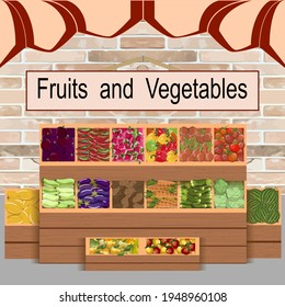 A counter with fruits and vegetables.Colored vector illustration with vegetables and fruits on the counter.