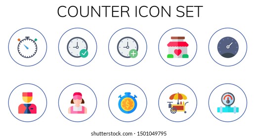 counter icon set. 10 flat counter icons.  Collection Of - stopwatch, bellboy, clerk, stand, manometer