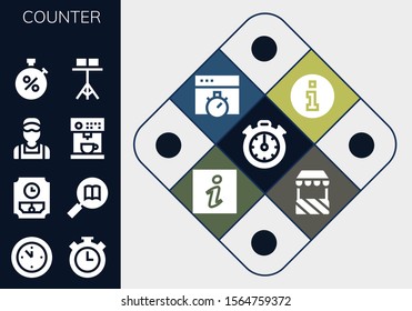 counter icon set. 13 filled counter icons.  Simple modern icons about  - Stopclock, Wall clock, Stopwatch, Information, Clerk, Coffee machine, Stand, Chronometer