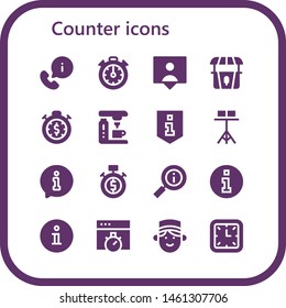 counter icon set. 16 filled counter icons.  Simple modern icons about  - Information, Stopclock, Followers, Stand, Stopwatch, Coffee machine, Chronometer, Concierge, Wall clock