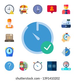 counter icon set. 17 flat counter icons.  Collection Of - stopwatch, clerk, cashier, info, stand, bellboy, follower, digital clock, manometer
