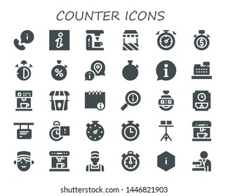 counter icon set. 30 filled counter icons.  Simple modern icons about  - Information, Coffee machine, Stand, Stopwatch, Stop watch, Cashier, Info, Stopclock, Wall clock, Concierge