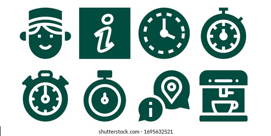 conjunto de iconos de contador. 8 iconos de contador rellenos.  Iconos modernos sencillos, como: Stopclock, Concierge, Stopwatch, Información, Pared clock, Cafetera