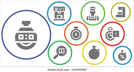 counter icon set. 9 filled counter icons.  Collection Of - Stopclock, Coffee machine, Clerk, Information, Stopwatch