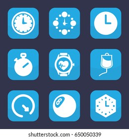 Counter icon. set of 9 filled counter icons such as drop counter, heartbeat watch, wall clock, clock
