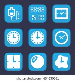 Counter icon. set of 9 filled counter icons such as drop counter, wall clock, digital time