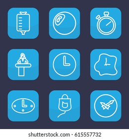 Counter icon. set of 9 outline counter icons such as airport desk, drop counter, wall clock, stopwatch