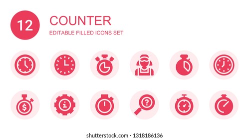 counter icon set. Collection of 12 filled counter icons included Wall clock, Chronometer, Clerk, Stopwatch, Info, Information