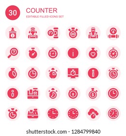 counter icon set. Collection of 30 filled counter icons included Information, Clerk, Manometer, Stopwatch, Chronometer, Stop watch, Information sign, Cashier, Stopclock, Wall clock