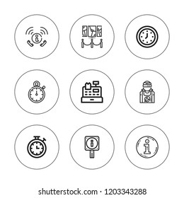 Counter icon set. collection of 9 outline counter icons with clerk, cashier machine, chronometer, exhibition, info, information, stopwatch icons. editable icons.