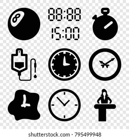 Counter icons. set of 9 editable filled counter icons such as airport desk, stopwatch, clock, drop counter, wall clock