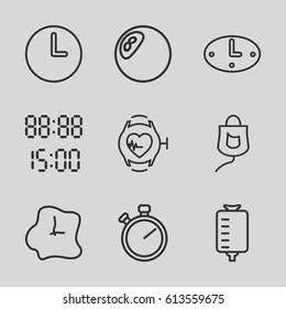 Counter icons set. set of 9 counter outline icons such as drop counter, heartbeat watch, wall clock, digital time, stopwatch