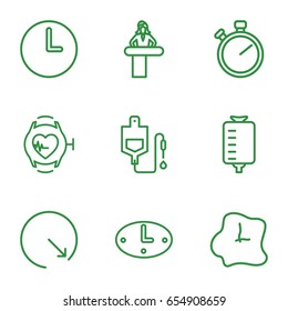 Counter icons set. set of 9 counter outline icons such as airport desk, drop counter, heartbeat watch, wall clock