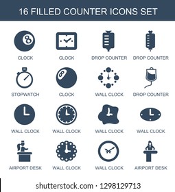 counter icons. Trendy 16 counter icons. Contain icons such as clock, drop counter, stopwatch, wall clock, airport desk. icon for web and mobile.