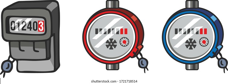 Contador sobre fondo blanco. Electricidad, medidor de agua caliente y fría con foca. Ilustración del vector