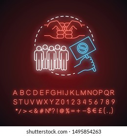 Counter protest neon light concept icon. Public disagreement manifestation idea. Glowing sign with alphabet, numbers and symbols. Hand holding placard, fists and crowd vector isolated illustration