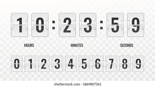 Counter. Realistic countdown clock isolated on transparent background, vintage mechanic watch with black flip numbers on white plaques, automatic scoreboard schedule retro timetable vector template